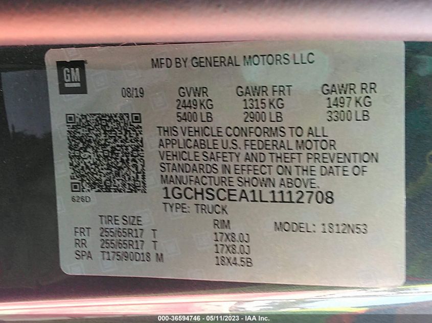 2020 CHEVROLET COLORADO 2WD LT - 1GCHSCEA1L1112708