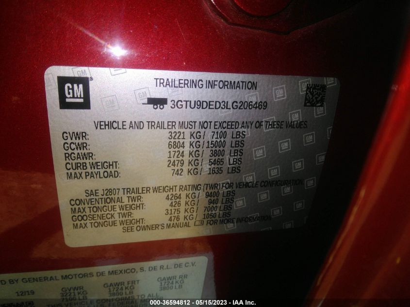 2020 GMC SIERRA 1500 SLT - 3GTU9DED3LG206469