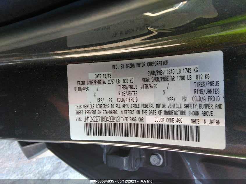 VIN JM1DKDB71K0433813 2019 MAZDA CX-3 SPORT