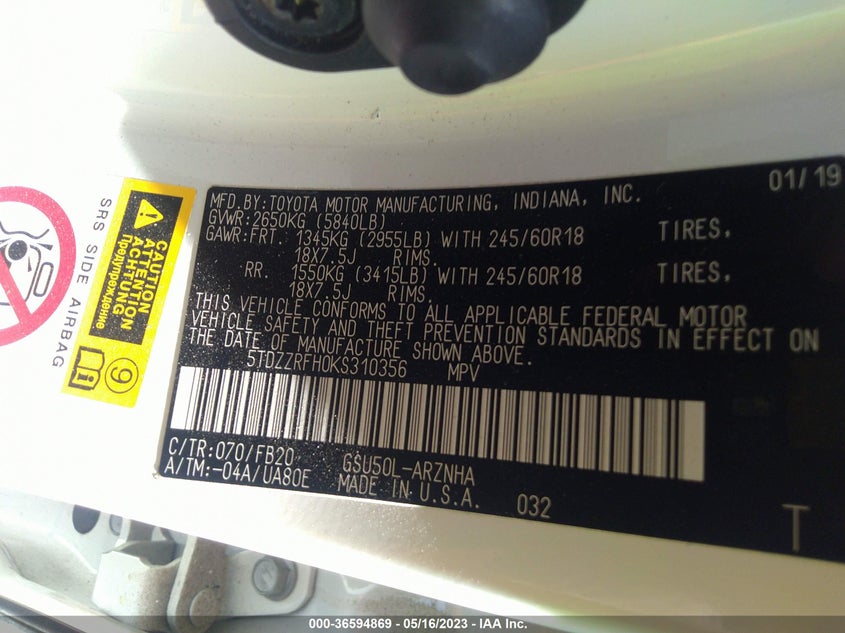 VIN 5TDZZRFH0KS310356 2019 TOYOTA HIGHLANDER LE PLUS