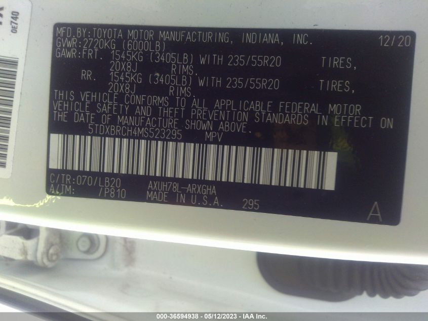 2021 TOYOTA HIGHLANDER HYBRID - 5TDXBRCH4MS523295