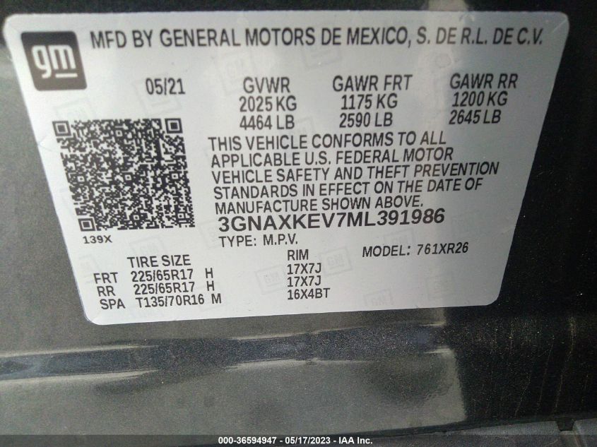 2021 CHEVROLET EQUINOX LT - 3GNAXKEV7ML391986