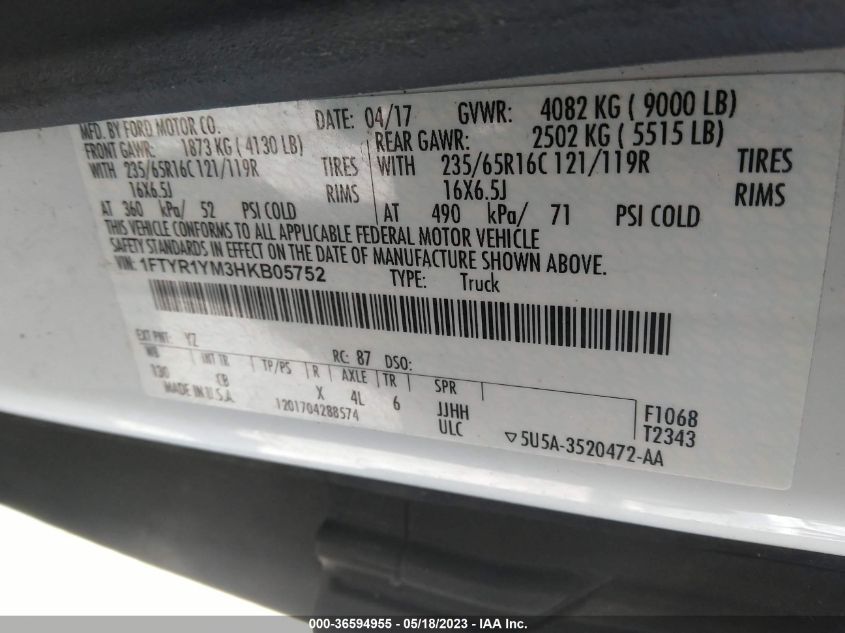 2017 FORD TRANSIT VAN - 1FTYR1YM3HKB05752