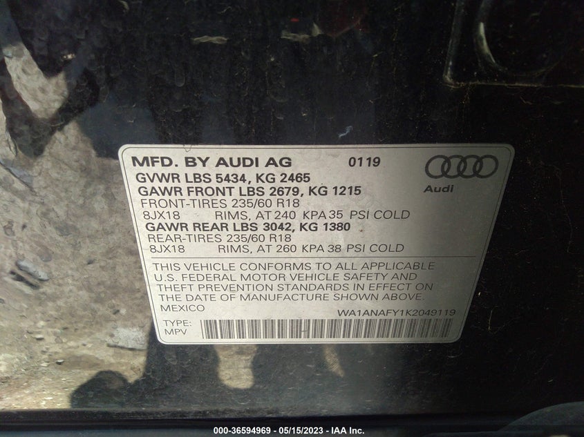 VIN WA1ANAFY1K2049119 2019 AUDI Q5 PREMIUM