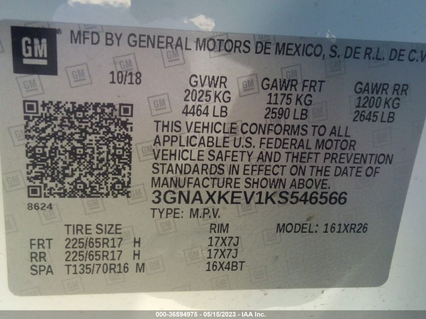 2019 CHEVROLET EQUINOX LT - 3GNAXKEV1KS546566