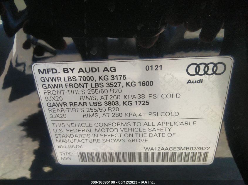 2021 AUDI E-TRON PREMIUM PLUS - WA12AAGE3MB023922