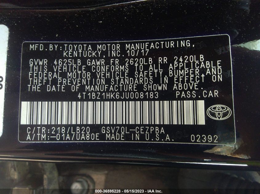 2018 TOYOTA CAMRY V6 - 4T1BZ1HK6JU008183
