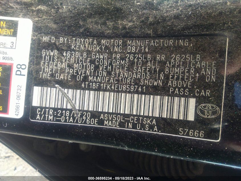 2014 TOYOTA CAMRY L/LE/XLE/SE/SE SPORT - 4T1BF1FK4EU859741