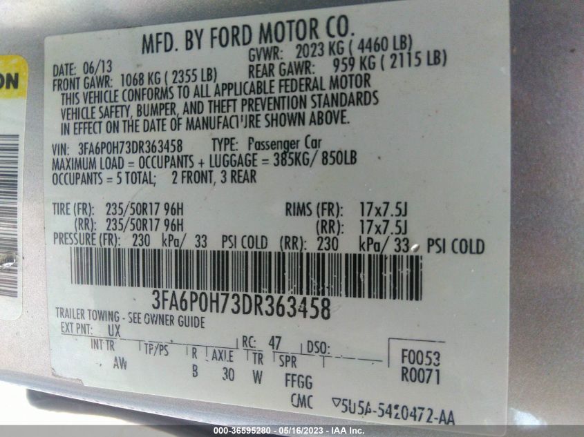 2013 FORD FUSION SE - 3FA6P0H73DR363458