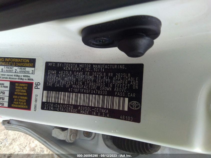 2015 TOYOTA CAMRY XLE/SE/LE/XSE - 4T1BF1FK6FU478930