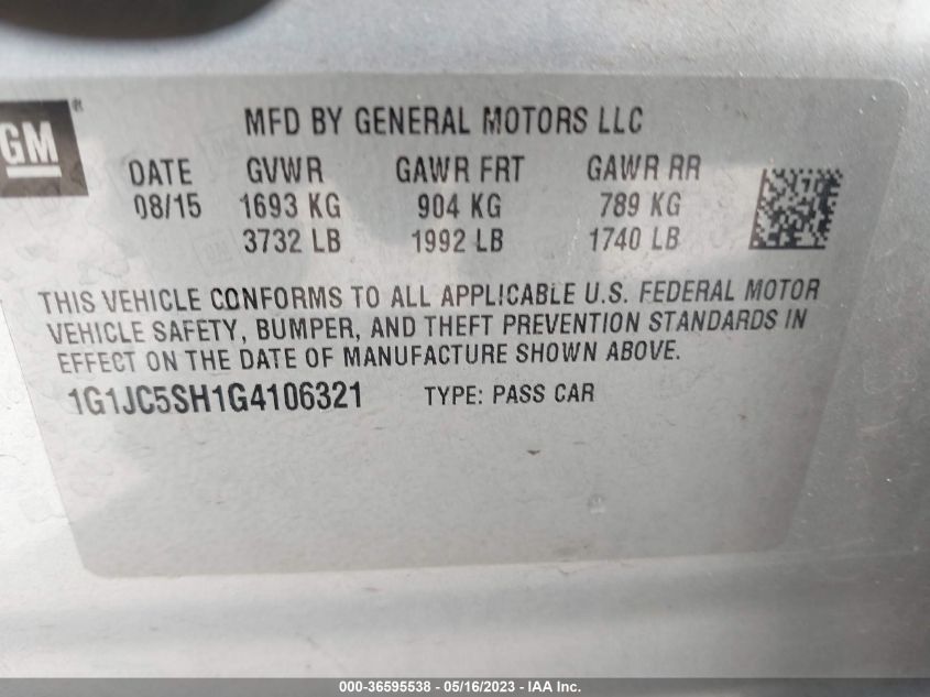 2016 CHEVROLET SONIC LT - 1G1JC5SH1G4106321