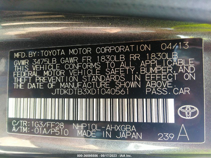 2013 TOYOTA PRIUS C ONE/TWO/THREE/FOUR - JTDKDTB3XD1040561
