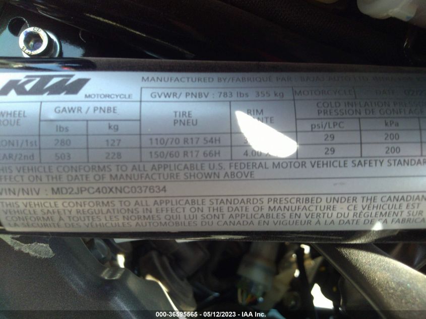 2022 KTM 200 DUKE MD2JPC40XNC037634
