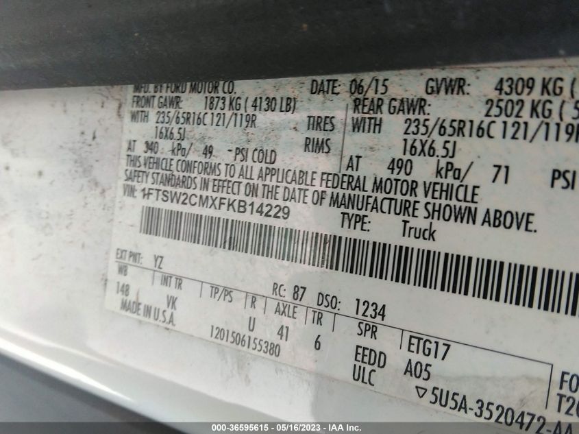 2015 FORD TRANSIT CARGO VAN - 1FTSW2CMXFKB14229