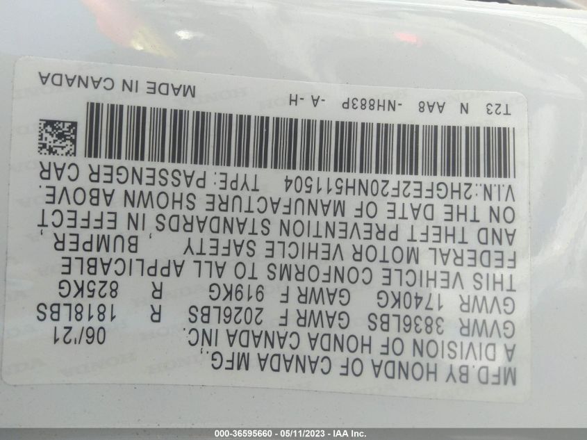 2022 HONDA CIVIC SEDAN LX - 2HGFE2F20NH511504