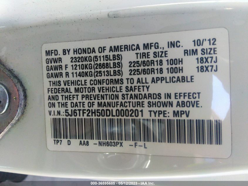 2013 HONDA CROSSTOUR EX-L 5J6TF2H50DL000201
