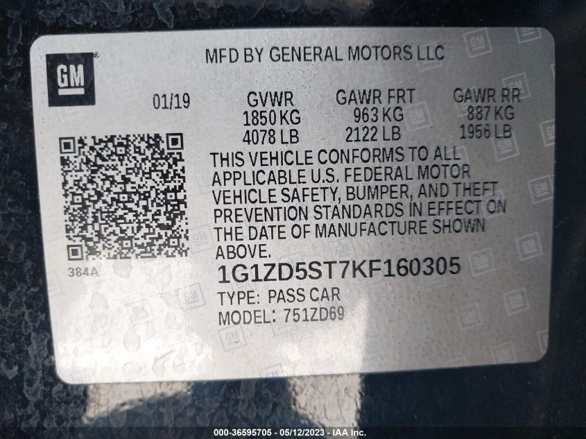 2019 CHEVROLET MALIBU LT - 1G1ZD5ST7KF160305