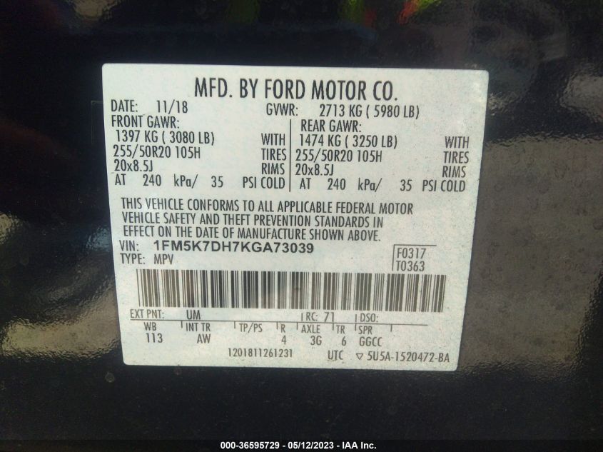 2019 FORD EXPLORER XLT - 1FM5K7DH7KGA73039