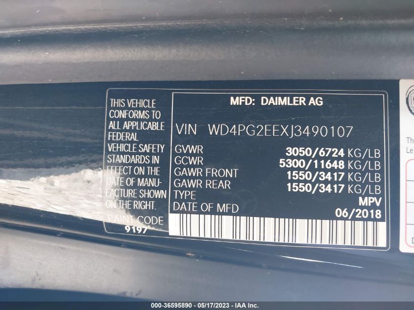 2018 MERCEDES-BENZ METRIS PASSENGER VAN WD4PG2EEXJ3490107