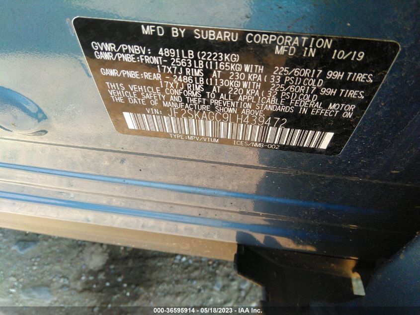 2020 SUBARU FORESTER PREMIUM - JF2SKAGC9LH439472