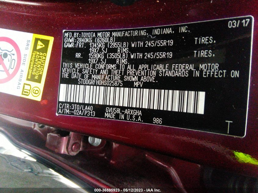 2017 TOYOTA HIGHLANDER HYBRID LIMITED - 5TDDGRFH0HS025875