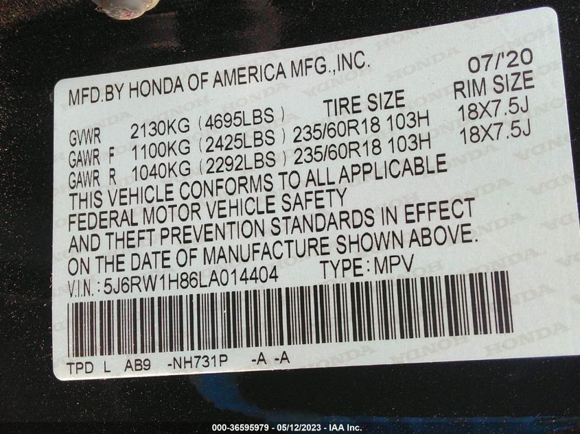 2020 HONDA CR-V EX-L - 5J6RW1H86LA014404