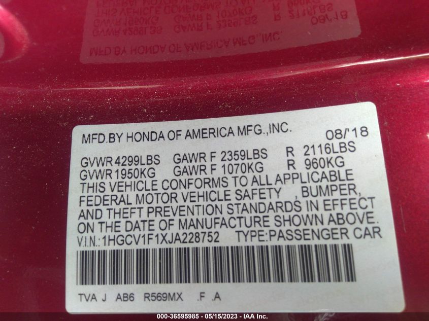 2018 HONDA ACCORD SEDAN LX 1.5T - 1HGCV1F1XJA228752