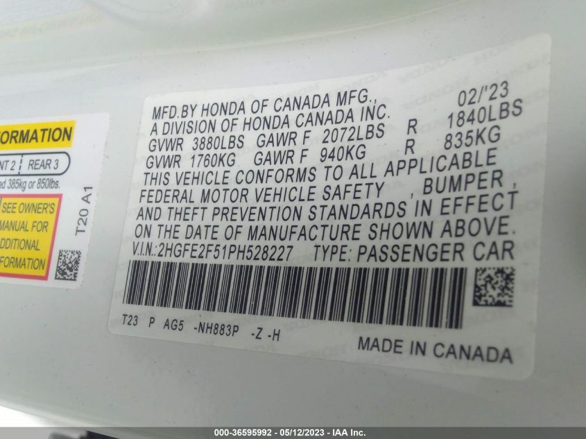 2023 HONDA CIVIC SEDAN SPORT - 2HGFE2F51PH528227