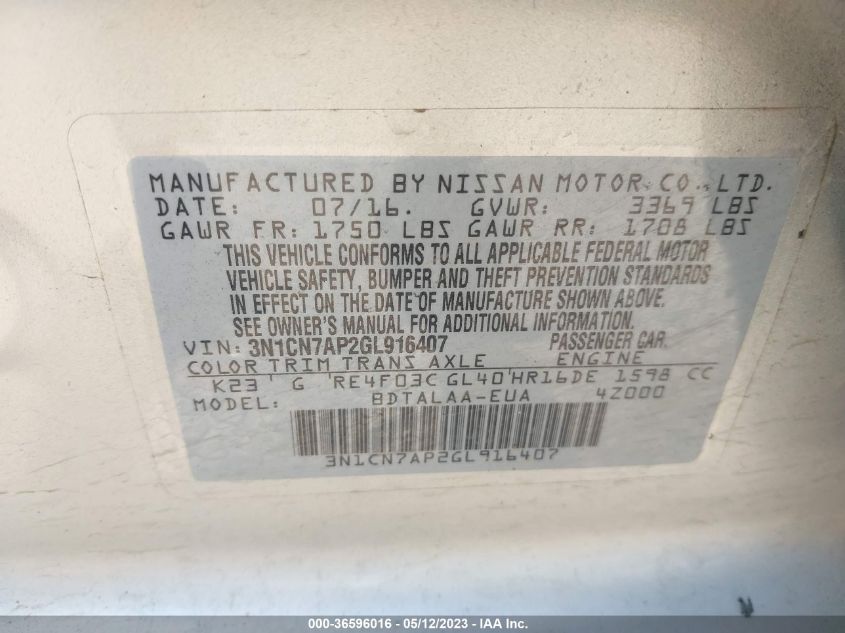2016 NISSAN VERSA S - 3N1CN7AP2GL916407