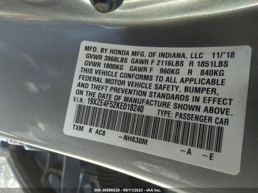 2019 HONDA INSIGHT EX 19XZE4F52KE018240