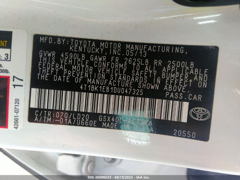 2013 TOYOTA AVALON XLE/LIMITED - 4T1BK1EB1DU047325