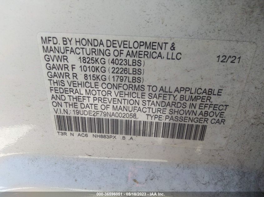 2022 ACURA ILX W/PREMIUM PACKAGE - 19UDE2F79NA002058