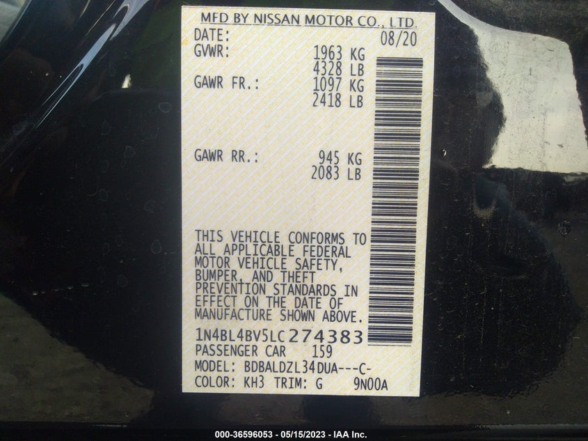 VIN 1N4BL4BV5LC274383 2020 NISSAN ALTIMA 2.5 S