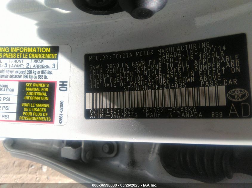 2014 TOYOTA COROLLA L/LE/S/S PLUS/LE PLUS - 2T1BURHE4EC214035
