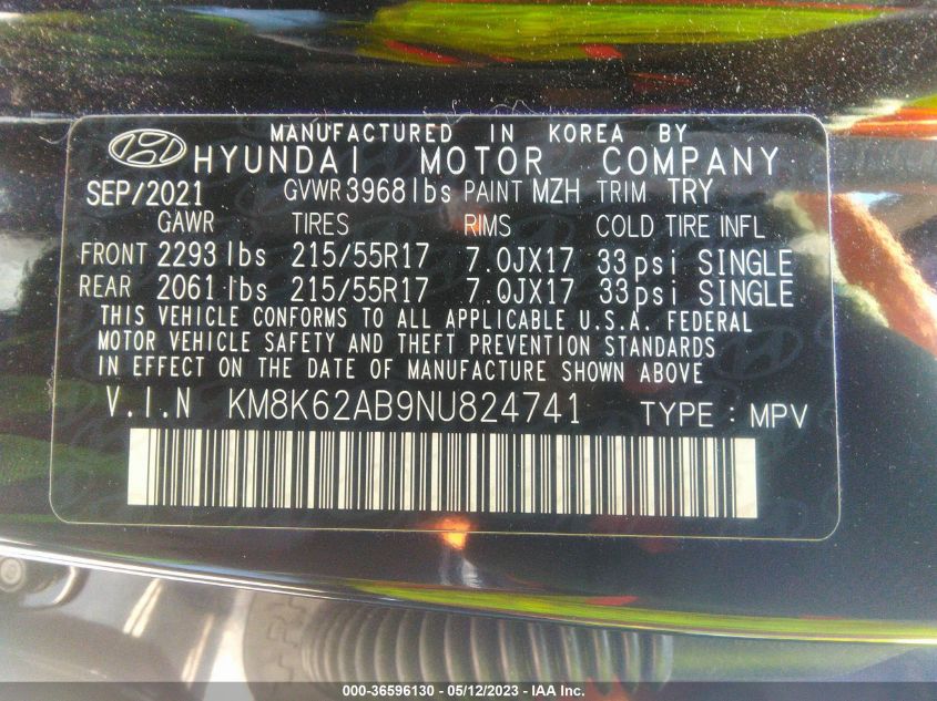 2022 HYUNDAI KONA SEL - KM8K62AB9NU824741