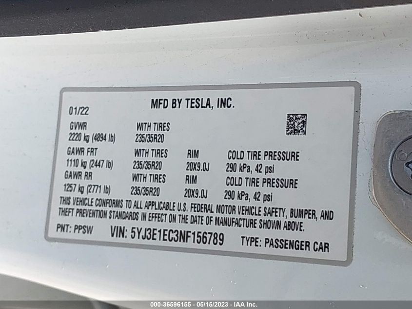 2022 TESLA MODEL 3 PERFORMANCE - 5YJ3E1EC3NF156789