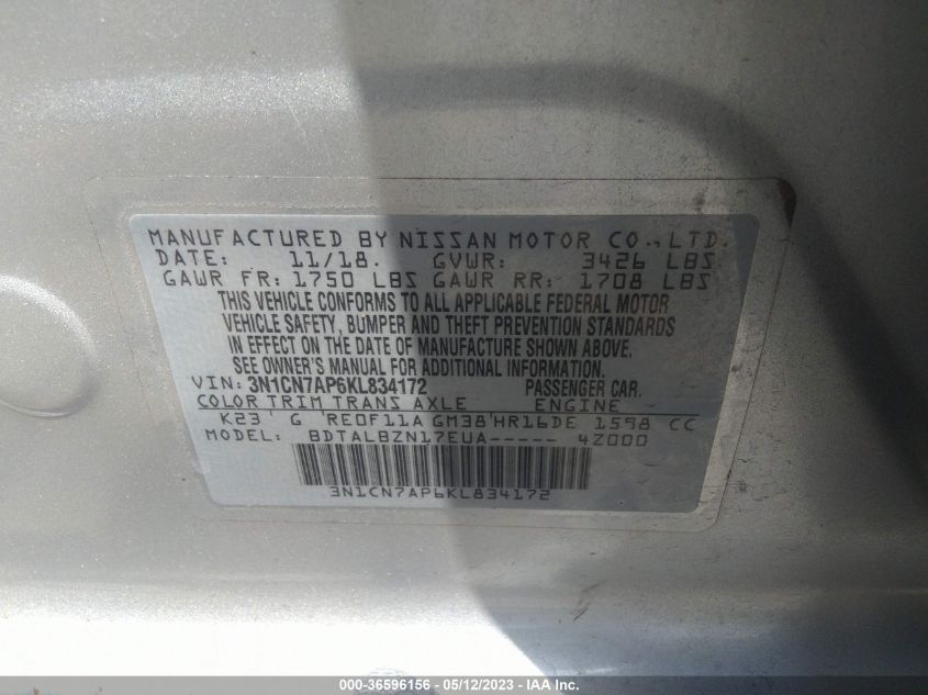 2019 NISSAN VERSA SEDAN SV - 3N1CN7AP6KL834172