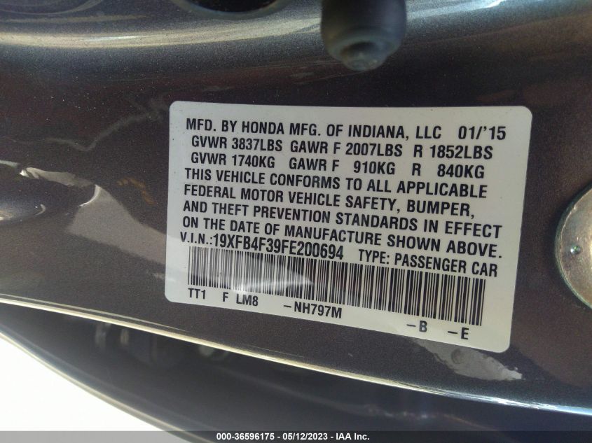 2015 HONDA CIVIC HYBRID - 19XFB4F39FE200694