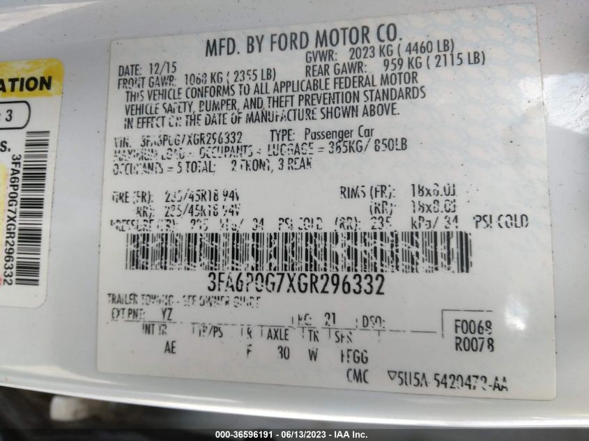 2016 FORD FUSION S - 3FA6P0G7XGR296332