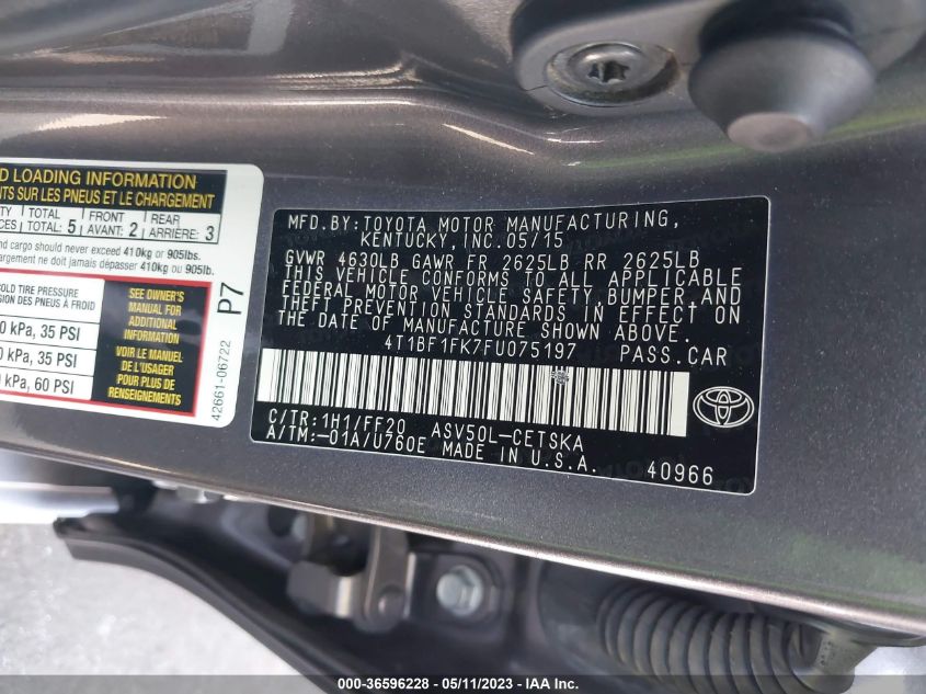 2015 TOYOTA CAMRY XLE/SE/LE/XSE - 4T1BF1FK7FU075197