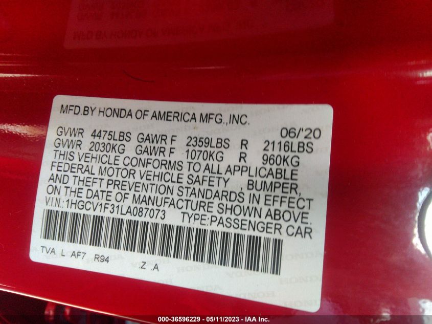 2020 HONDA ACCORD SEDAN SPORT - 1HGCV1F31LA087073