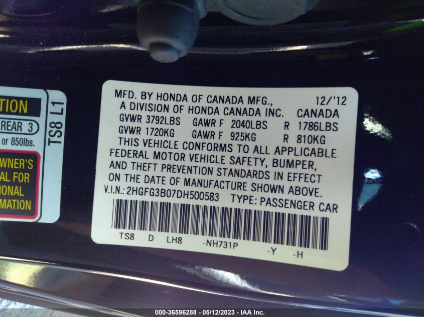 2013 HONDA CIVIC CPE EX-L - 2HGFG3B07DH500583