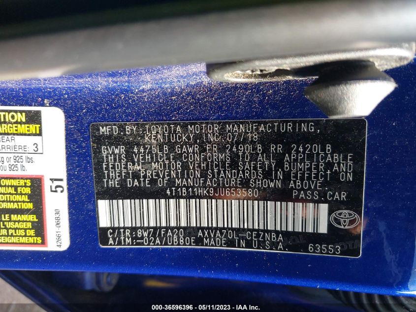 2018 TOYOTA CAMRY LE/SE/XLE/L - 4T1B11HK9JU653580