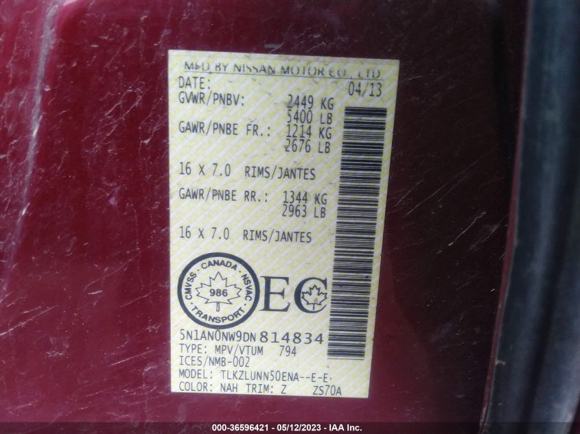 2013 NISSAN XTERRA PRO-4X/S/X 5N1AN0NW9DN814834
