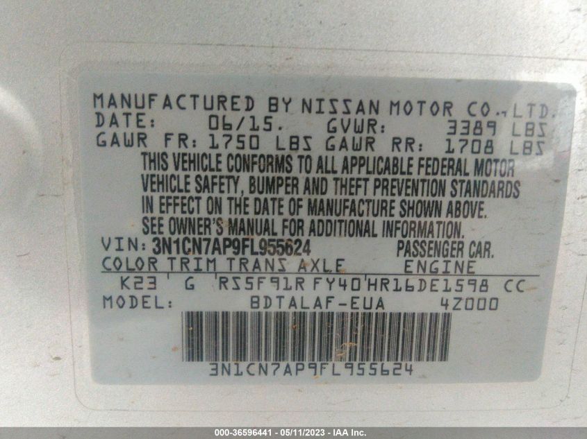 2015 NISSAN VERSA S - 3N1CN7AP9FL955624
