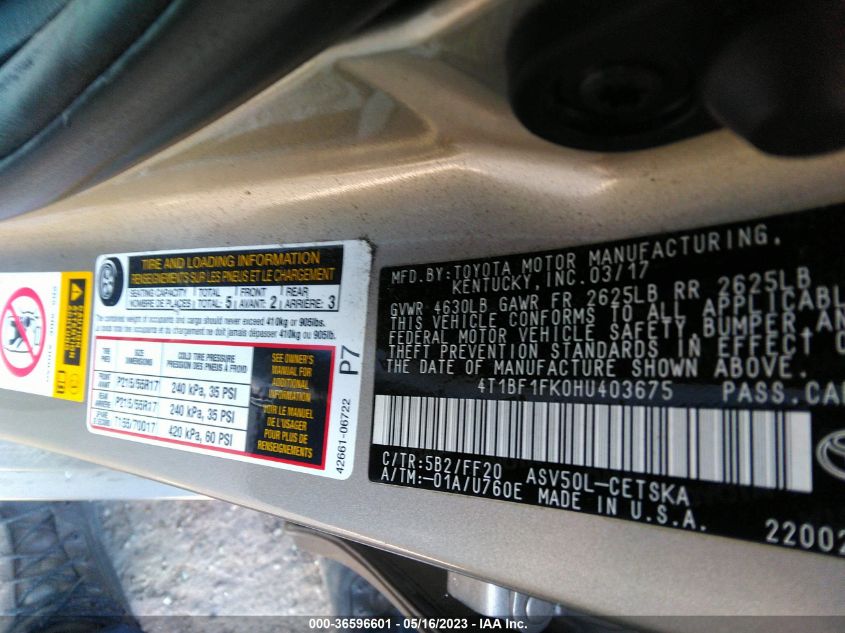 2017 TOYOTA CAMRY XLE/SE/LE/XSE - 4T1BF1FK0HU403675