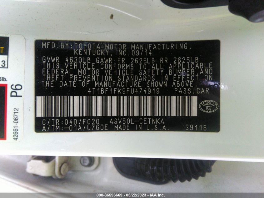 2015 TOYOTA CAMRY XLE/SE/LE/XSE - 4T1BF1FK9FU474919