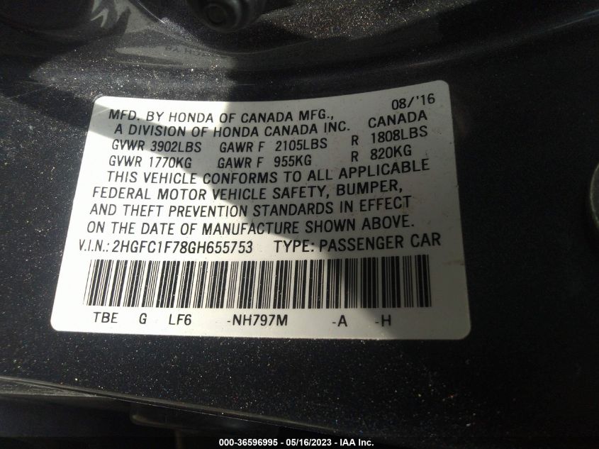 2016 HONDA CIVIC SEDAN EX-L - 2HGFC1F78GH655753