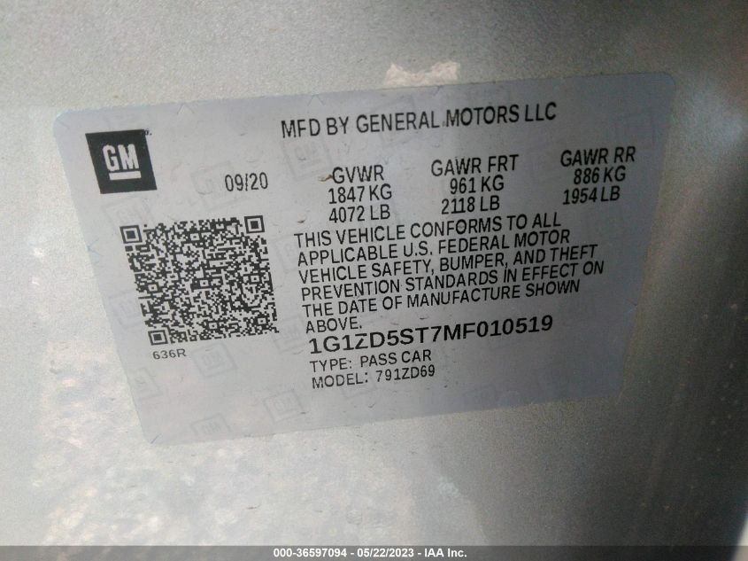 2021 CHEVROLET MALIBU LT - 1G1ZD5ST7MF010519
