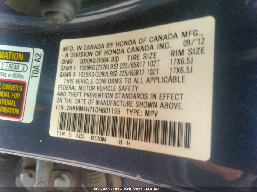 2013 HONDA CR-V EX-L - 2HKRM4H71DH601155